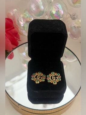 GG Gold Pink and Green Crystals  Stud Earrings New